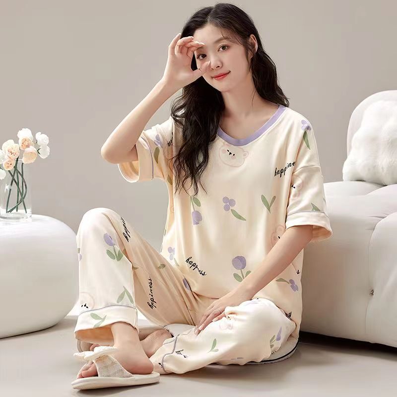 Thin Pajamas for Women, Summer Pure Cotton Two-Piece Set, Short-Sleeved Long Pants, 2026 New Spring Cute and Sexy Home Wear Thin Pajamas for Women, Summer Pure Cotton Two-Piece Set, Short-Sleeved Long Pants, 2026 New Spring Cute and Sexy Home Wear
