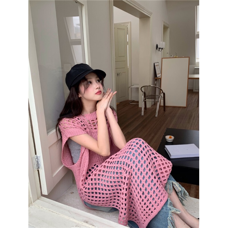 French-Style Solid Color Hollow-Out Knit Sweater Dress for Women, Spring Mid-Length Loose Sleeveless Vest Outerwear Layered Dress