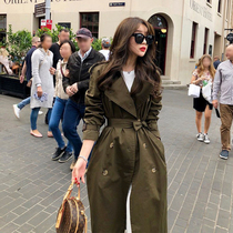 Autumn Clothing Women 2021 New Army Green Windsurgings Woman in Korean version Double platoon button to collect waist lacing over knee jacket tide
