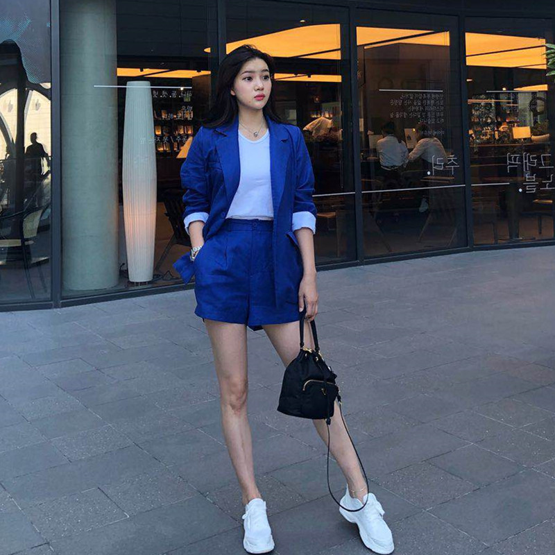 Han Edition 2023 new female blue linen small suit broad leg shorts mesh red two pieces of loose cotton cotton suit female