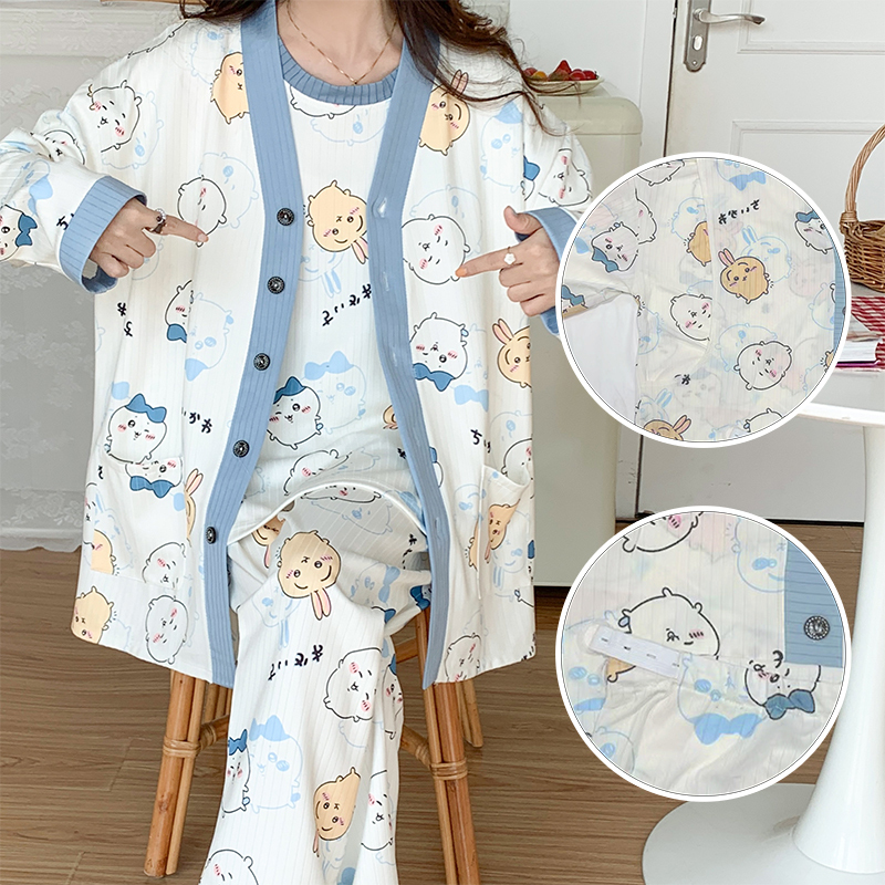 Summer Extra-Large Modal Maternity Pajamas, Postpartum Clothing, Spring and Autumn Lactation Period Breastfeeding Three-Piece Set