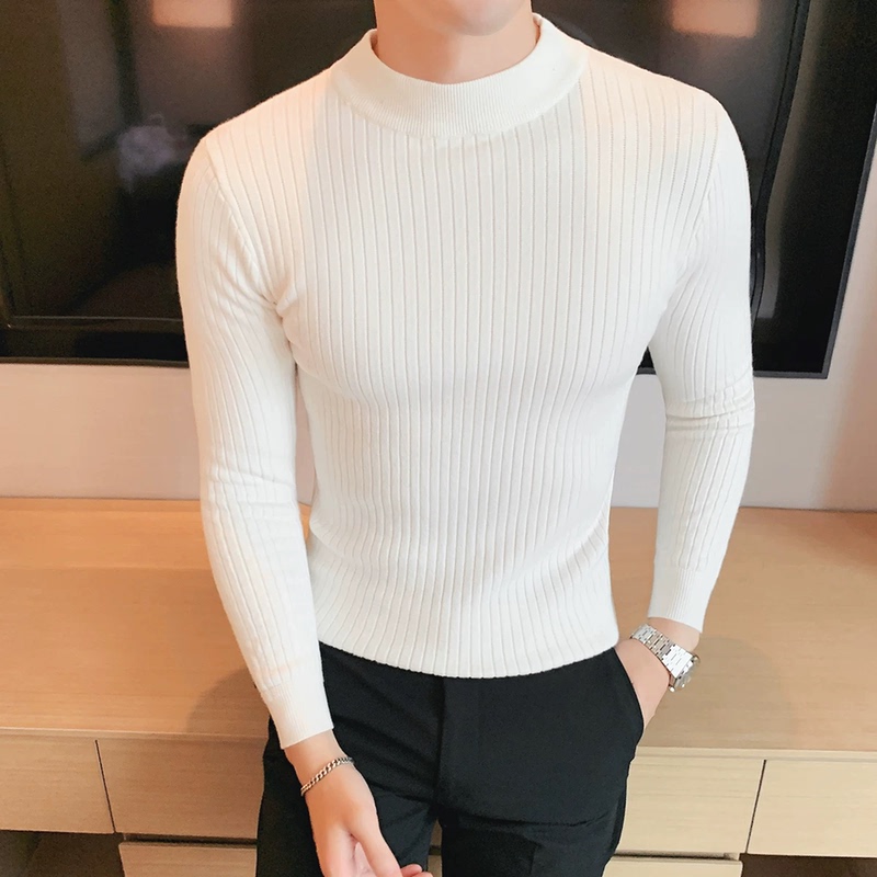 High-Density Core-Spun Yarn Knitwear for Men, Ribbed Jacquard, Half-High Collar, Slim Fit, Long-Sleeved, Textured Fine-Knit Sweater High-Density Core-Spun Yarn Knitwear for Men, Ribbed Jacquard, Half-High Collar, Slim Fit, Long-Sleeved, Textured Fine-Knit Sweater