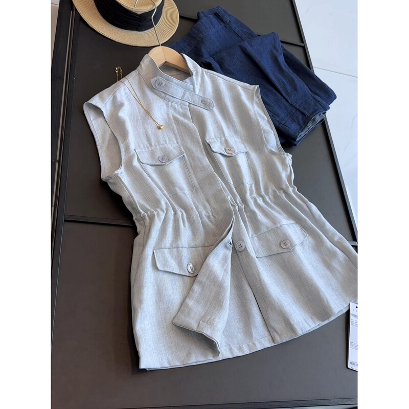 British Style Sleeveless Single-Breasted Workwear Pocket Linen High-End Vest Gray Casual Loose Top for Women British Style Sleeveless Single-Breasted Workwear Pocket Linen High-End Vest Gray Casual Loose Top for Women