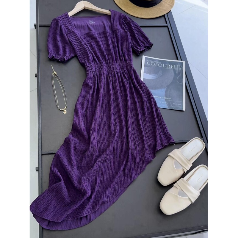 Go American! Spring and Summer Bias-Cut Design High-Temperature Pleated Waist-Slimming Short-Sleeve Square-Neck Dress for Women