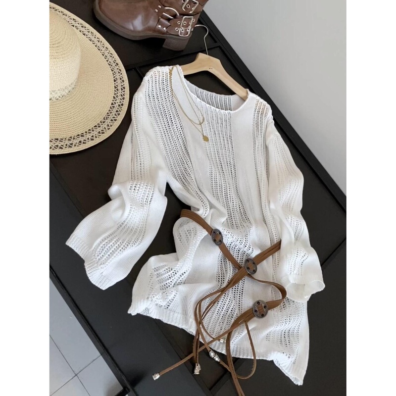 Korean Style Fishnet See-Through Women's Summer New Thin Hollow-Out Knit Top with Belt