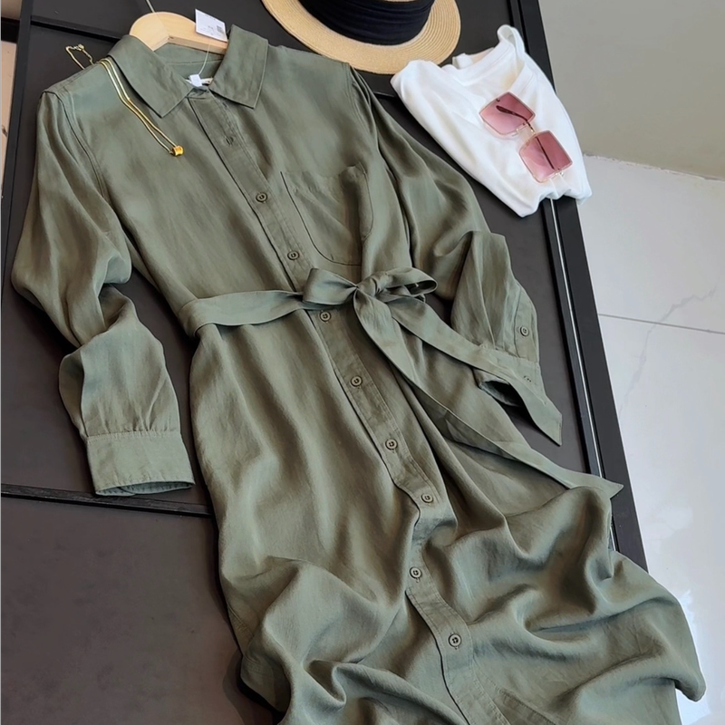 French-Style Elegant Shirt Collar Long-Sleeved Shirt Dress for Women, New Spring and Summer Style, Drapey Mid-Length Belted Dress