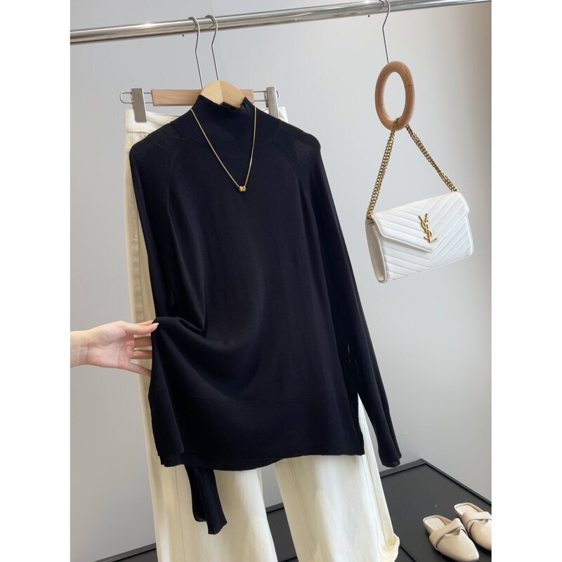 Designed Black Loose-Fitting Spring and Autumn Warm Knit Sweater for Women, Solid Color Pullover Versatile Top Designed Black Loose-Fitting Spring and Autumn Warm Knit Sweater for Women, Solid Color Pullover Versatile Top