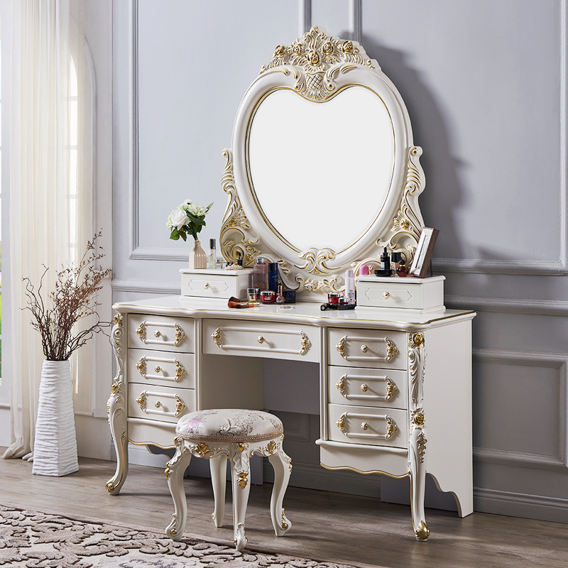 European-Style Solid Wood Dressing Table, White Princess Vanity for Bedroom, Luxurious Assembled Makeup Desk, Large Apartment Furniture, French Style European-Style Solid Wood Dressing Table, White Princess Vanity for Bedroom, Luxurious Assembled Makeup Desk, Large Apartment Furniture, French Style