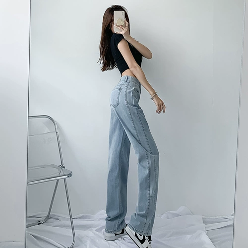 Летние тонкие прямые свободные джинсы, приталенные светлые осенние штаны, высокая талия, свободный крой, подходит для подростков