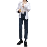 Демисезонные приталенные прямые свободные джинсы, флисовые эластичные штаны, коллекция 2023, высокая талия, по фигуре, подходит для подростков, оверсайз