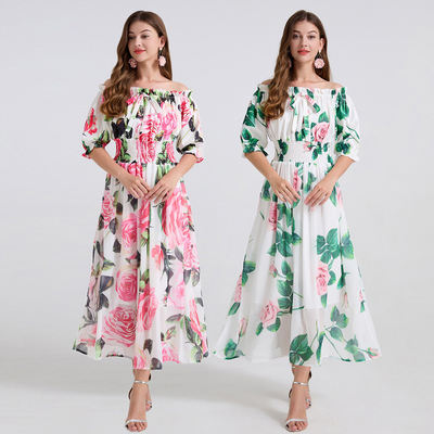 For the European stop, I wore two one-shoulder floral fashion show dresses, a goddess dress and a one-shoulder candy-colored princess dress for summer
