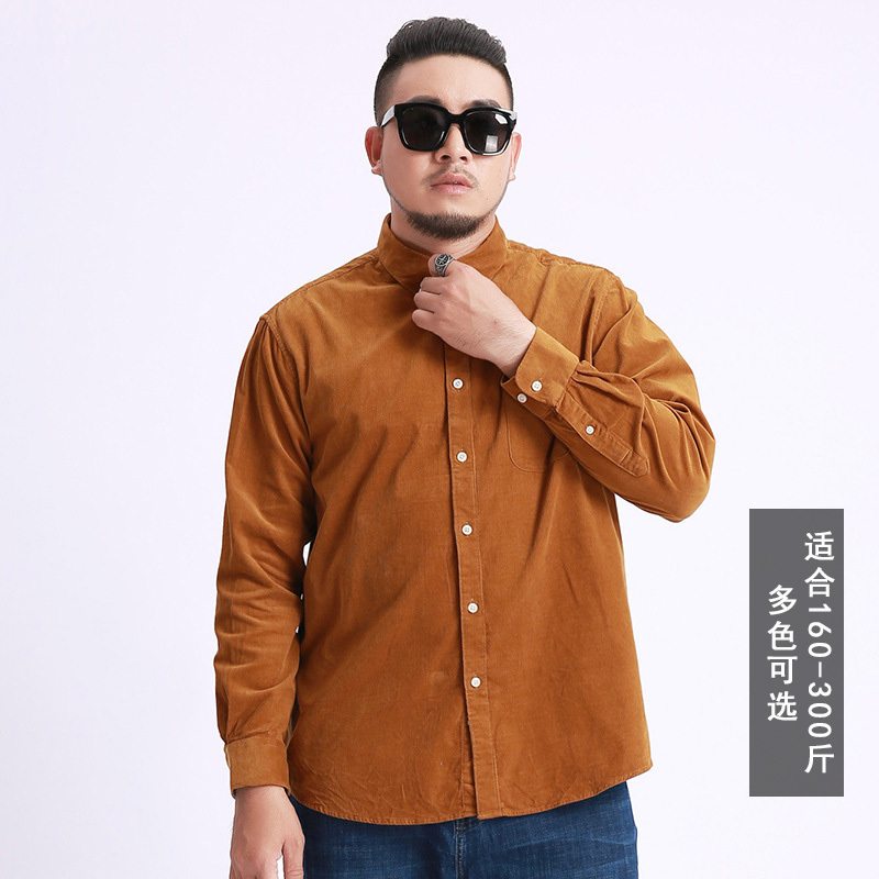 150kg Chest Size 150 Plus-Size Men's Long-Sleeve Loose Casual Corduroy Shirt Yellow Top for Autumn and Winter