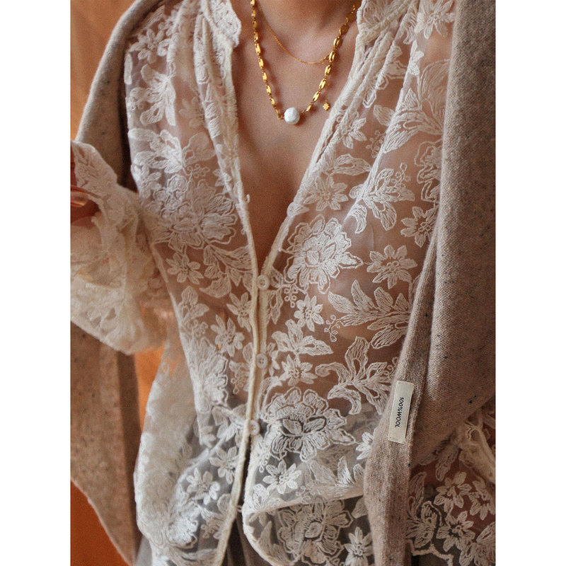 A'1St Edit Shop Senna Afternoon Atmosphere Heavy Embroidery Three-Dimensional Lace Shirt Layered Base Lace Top