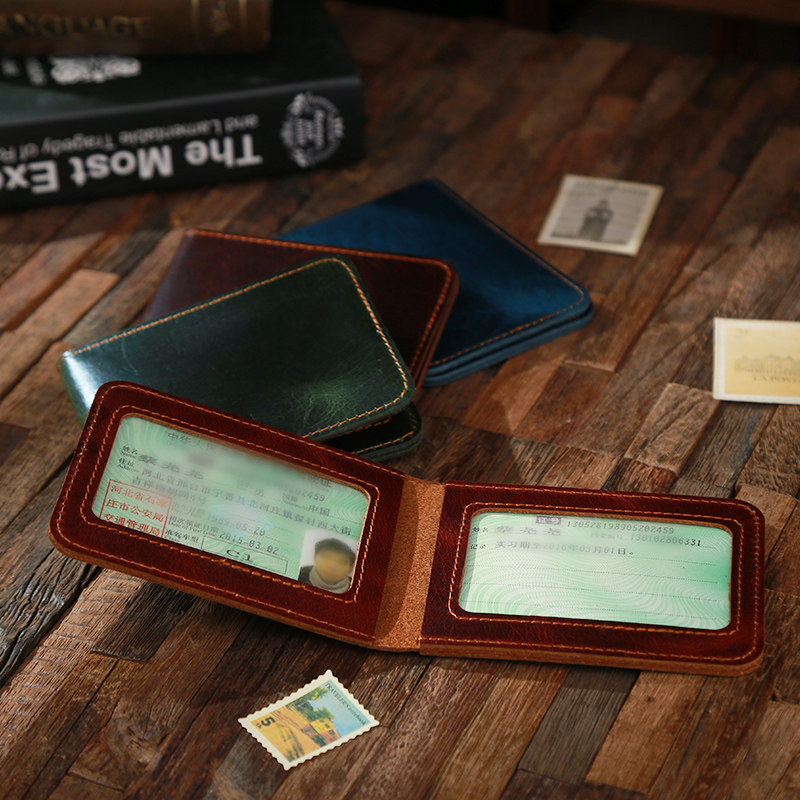Real Leather Driving License Leather Cover Personality Creative Men Motor Vehicle License Clip Handmade Head Layer Cow Leather Women's Card Bag Custom