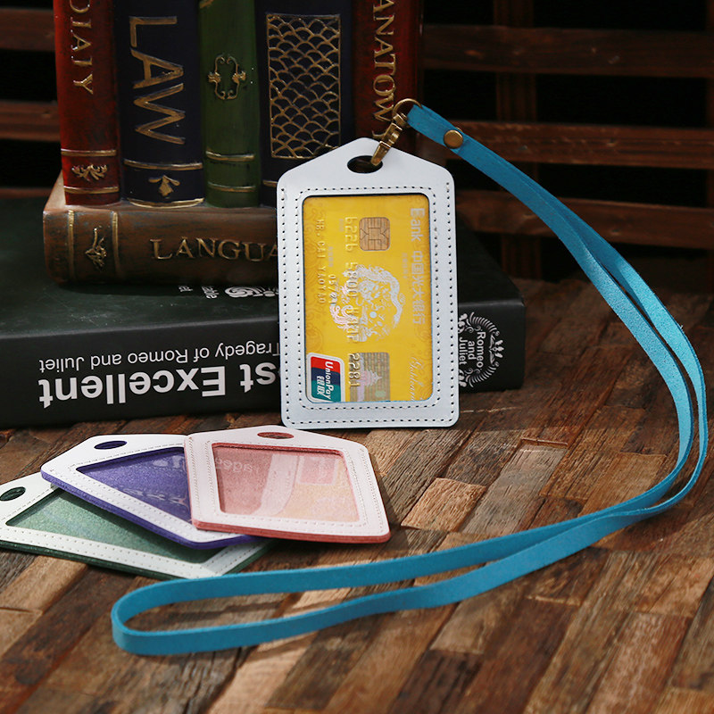 Work permit set leather high-grade first layer cowhide company tag set lanyard access control card set bus subway meal card set