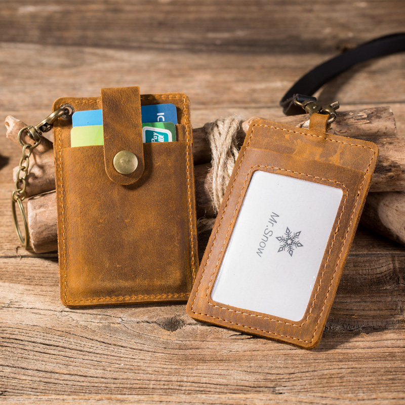 Snow raw cowhide work pass card sleeve transparent leather sleeve high-end badge access control card sleeve leather bus card sleeve can be customized