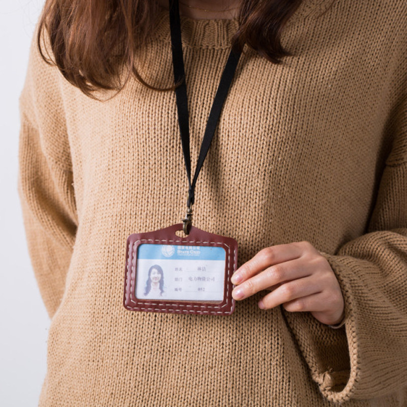 Bus card horizontal Japanese and Korean lanyard student couple subway door card handmade leather meal card work card set custom