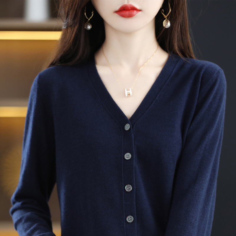 100% Wool Cardigan for Women, V-Neck, Loose Knitted Sweater Jacket, Long-Sleeved, Autum Thin Style, Slimming Look