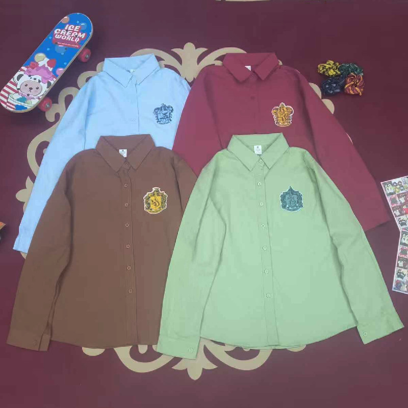 Harry Potter Collaboration Academy-Style Badge Embroidered Long-Sleeve Shirt, Unisex Design with a Versatile Turn-Down Collar
