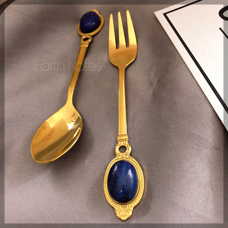 Afghan Natural Lapis Lazuli Coffee Spoon British Court Style Stainless Steel Fruit Fork Gemstone Crystal Tableware Tbt039