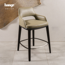 Solid wood leather bar chair Italian minimalist high island chair home modern minimalist front desk bar stool designer