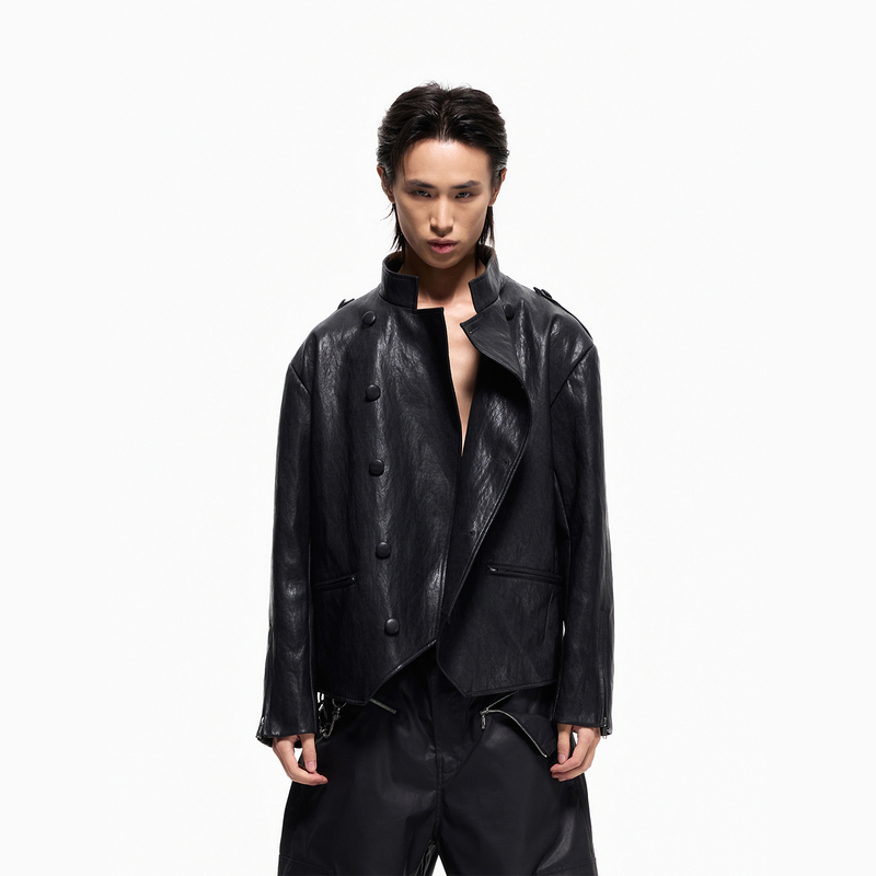 2000Rsk 26Ss “Dark Sequence” Palace Style Jacket Napoleon Button Deconstructed Knight Faux Leather Jacket 2000Rsk 26Ss “Dark Sequence” Palace Style Jacket Napoleon Button Deconstructed Knight Faux Leather Jacket