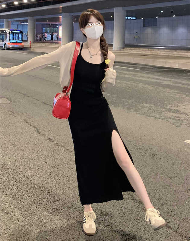 Stepmother-Style Dress for Women, Summer Petite Elegant Spaghetti Strap Knit Dress, 2024 New High-Waisted Slimming Slit Long Dress