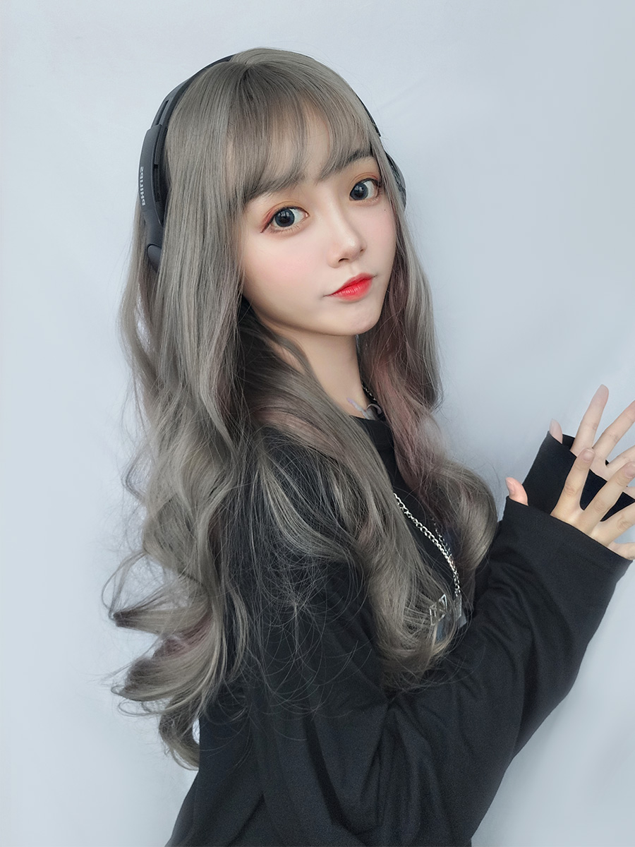 Aoki Linen Gray Wig Female Long Hair Mesh Red Highlights Gradient