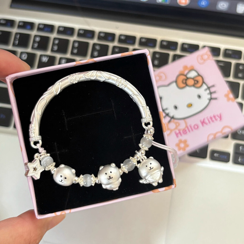 999 Pure Silver Usagi Cinnamon Dog Little Eight Self-Deprecating Bear Versatile Half Bracelet Cartoon Bracelet Birthday Gift