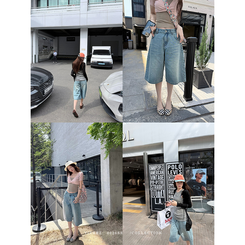 Yishez “Private Label Youthful Style” Light Denim New Street Style Petite Wide-Leg Straight Cropped Jeans Denim Shorts Yishez “Private Label Youthful Style” Light Denim New Street Style Petite Wide-Leg Straight Cropped Jeans Denim Shorts