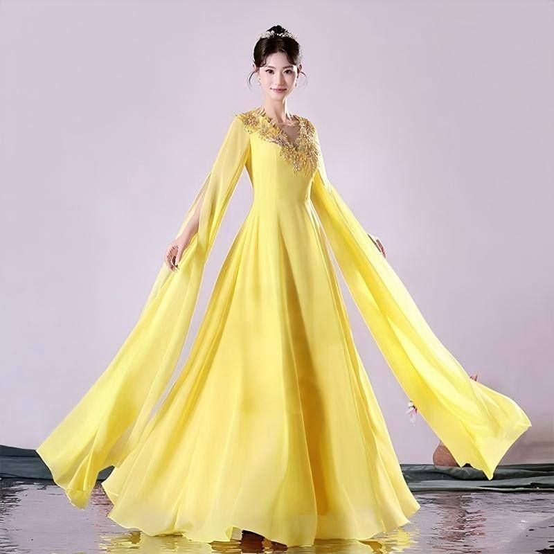2026 New Model Yellow Adult Chorus Performance Costume for Recitation Competition, Conductor, Host, and Guzheng Performance Attire