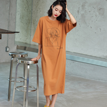 Nightgown Womens Summer Short Sleeve Student Pajamas Dress Small Fresh Summer 2024 Large Size Loose Over the Knee T-shirt Long Skirt