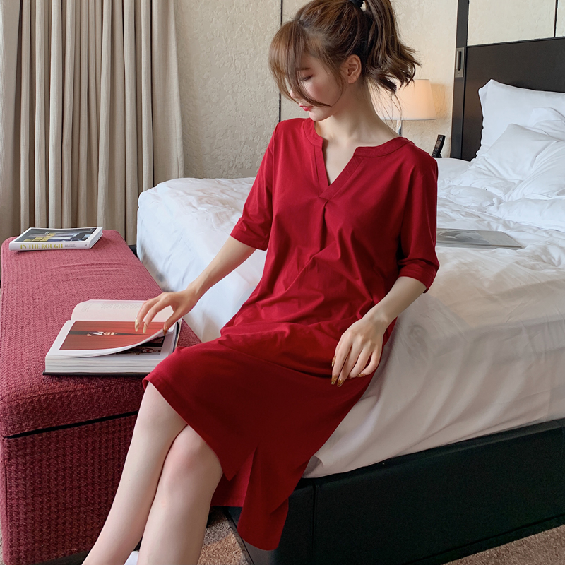 Solid color Modal cotton nightgown women Summer sleeves small sexy V collar ladies pajamas simple can wear home clothes thin