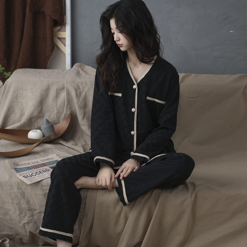 Pure Cotton Pajamas for Women, Spring and Autumn Long-Sleeved, Can Be Worn Outside, Large Size Loungewear, Cardigan, Autumn Style, Chanel-Inspired Set, Black