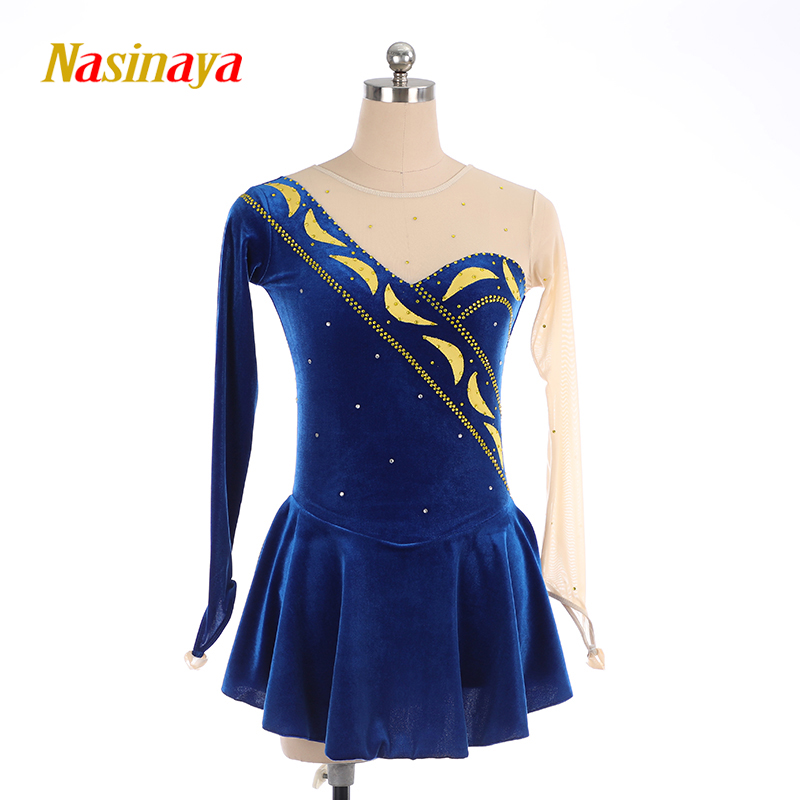 Fono customized children's adult figure skating suit girls performing competition test - grade skirt - bow blue velvet drill 23