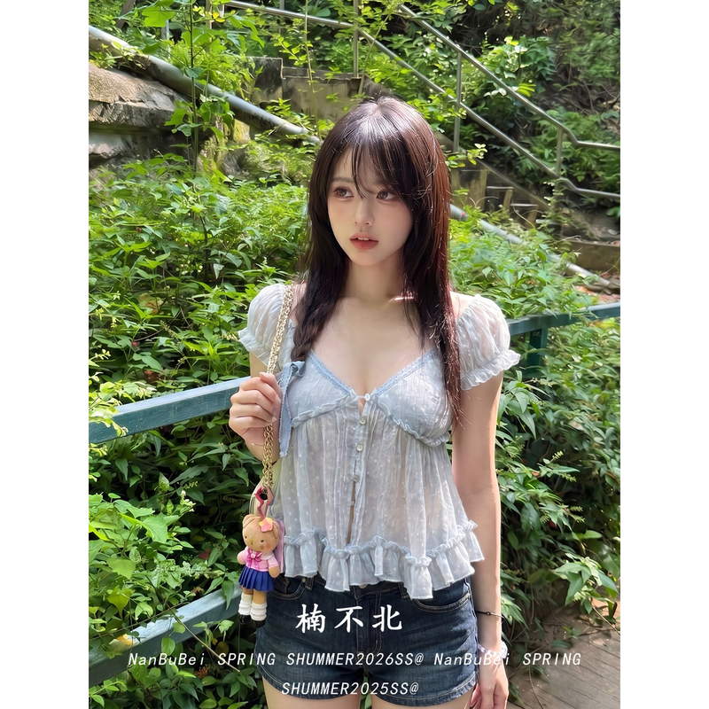 Girly V Neck Ruffled Babydoll Blouse for Women, Summer Loose Lace Splicing Puff Sleeve Short Shirt Top Girly V Neck Ruffled Babydoll Blouse for Women, Summer Loose Lace Splicing Puff Sleeve Short Shirt Top