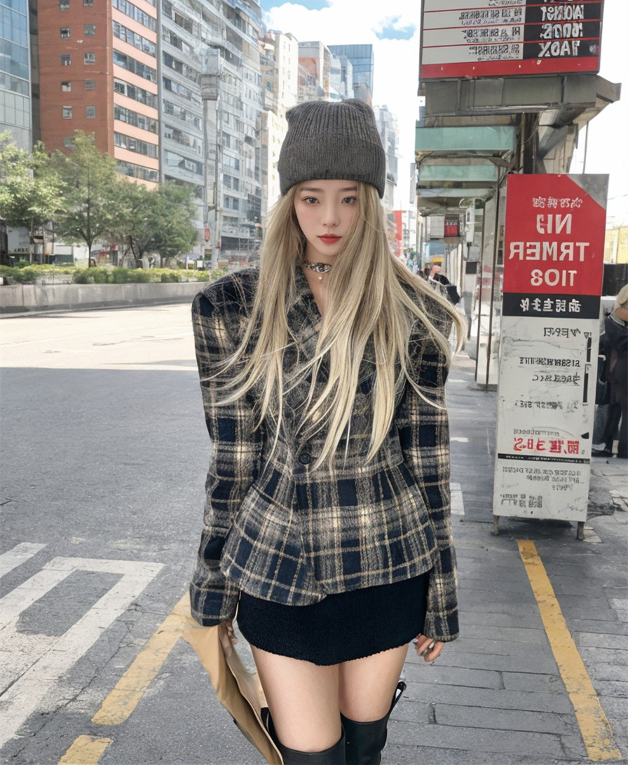 American retro design Sense Plaid Fur Coats Women Autumn Winter 2023 New Small Crowdtop Loose West Suit Blouses-Taobao