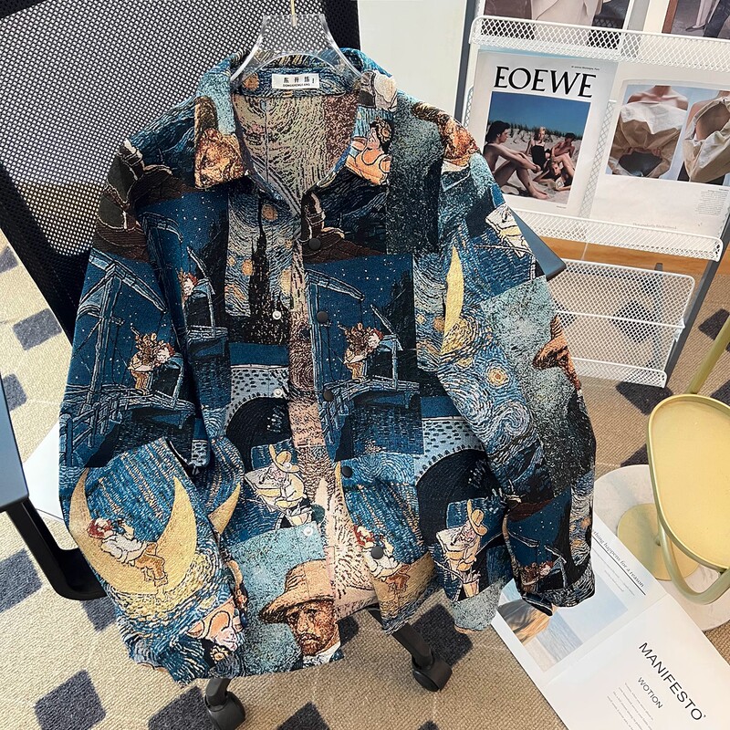 American Vintage Van Gogh Oil Painting Shirt Men's Long-Sleeved Top Trendy Brand Art Student Shirt Casual Jacket