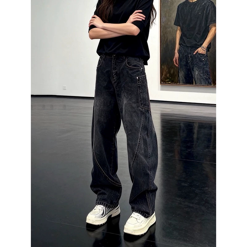 Black Slim-Fit Curved Hem Jeans for Men, Summer American Style, Cool and Stylish, High-End Feel, Trendy Brand, Loose Harem Work Pants