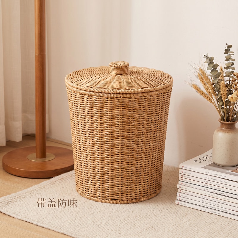 Rattan Trash Can for Home Use with Lid, Living Room, Bathroom, Nordic Style, Imitation Rattan Woven Storage Bin, Creative Waste Basket