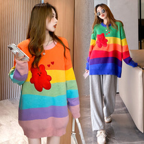 Pregnant Woman Fall Rainbow Striped Small Bear Sweater 2021 New Korean Version Loose Sleeve Head Knit in Long Dress Shirt