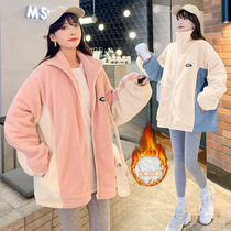 Pregnancy Woman Dress Autumn Winter Clothing Suit Clip Cotton Thickened Lamb Hair Stand Loose Necropolis Jacket Casual Outwear Two Sets