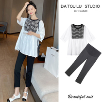 Pregnant woman online red summer suit summer lace splicing loose blouse open fork 90% tobellied pants out of two sets