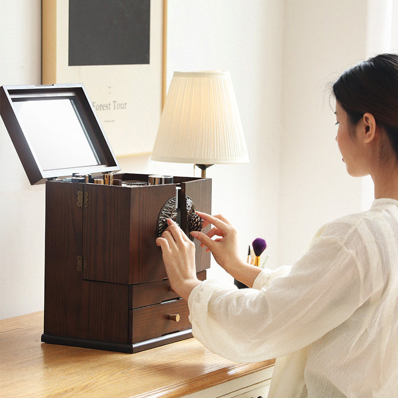 Cosmetics contain box large-capacity skin care desktop dust-proof shelf wooden household with mirror