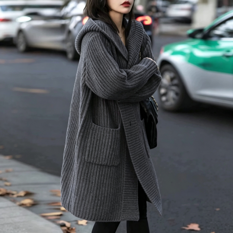 Casual Style Hooded Cardigan Knit Jacket for Women, Autumn and Winter, Plus Size, High-End Feel, Thickened, Slimming Sweater, Loose Outerwear Casual Style Hooded Cardigan Knit Jacket for Women, Autumn and Winter, Plus Size, High-End Feel, Thickened, Slimming Sweater, Loose Outerwear