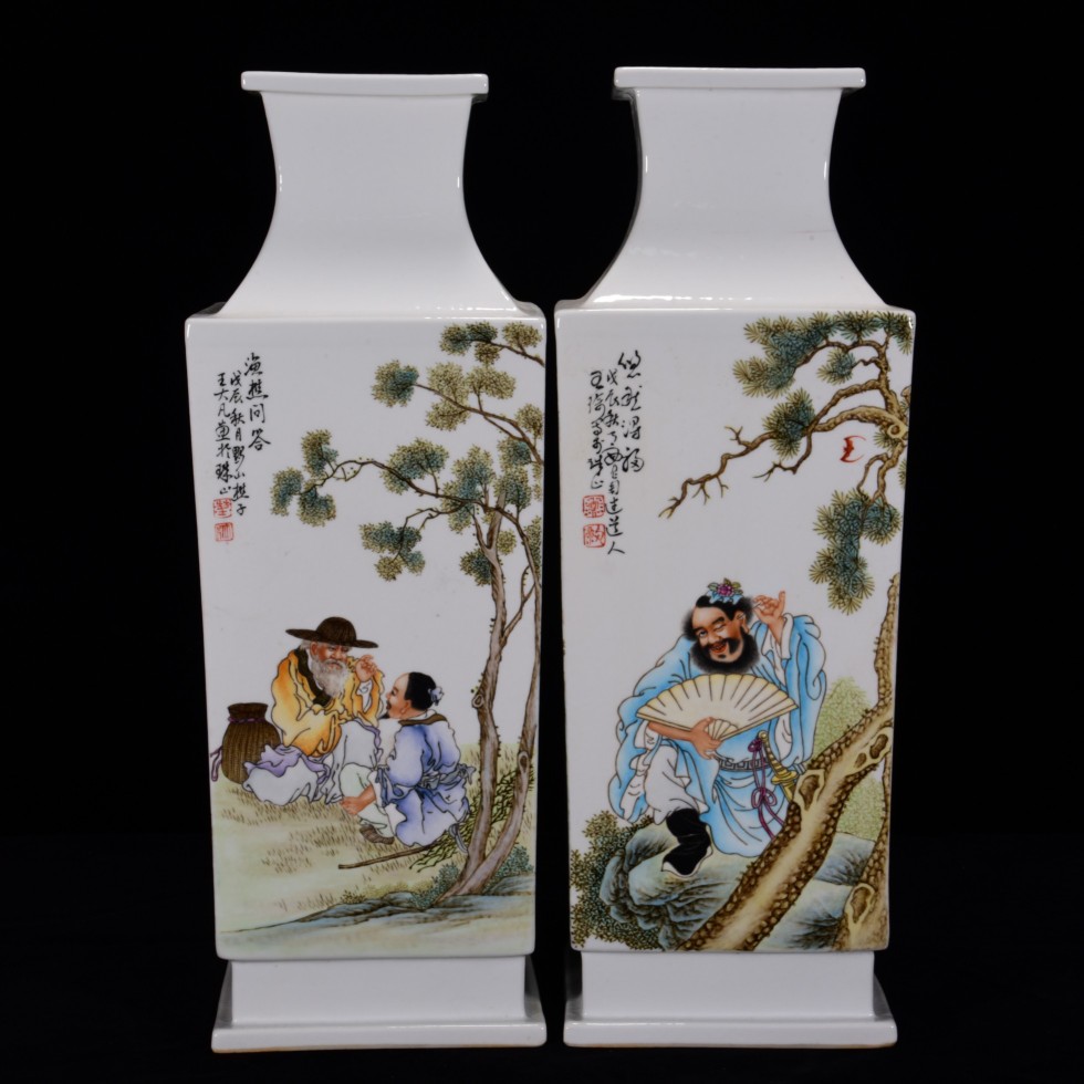 中国清末民国時代　山水人物　粉彩大花瓶　高さ49cm 中国景徳鎮 花瓶