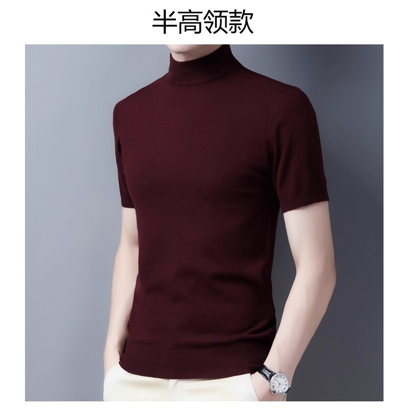 New Autumn and Winter Short-Sleeved Cashmere Sweater for Men, Half-High Collar, Thin Sweater, Machine Washable Knitted T-Shirt, Base Layer Wool Sweater