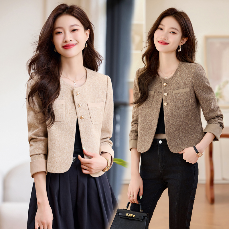 Trendy Short Blazer for Women, New Spring and Autumn Style, Round Neck, Long Sleeves, Elegant and Sophisticated, Versatile Top