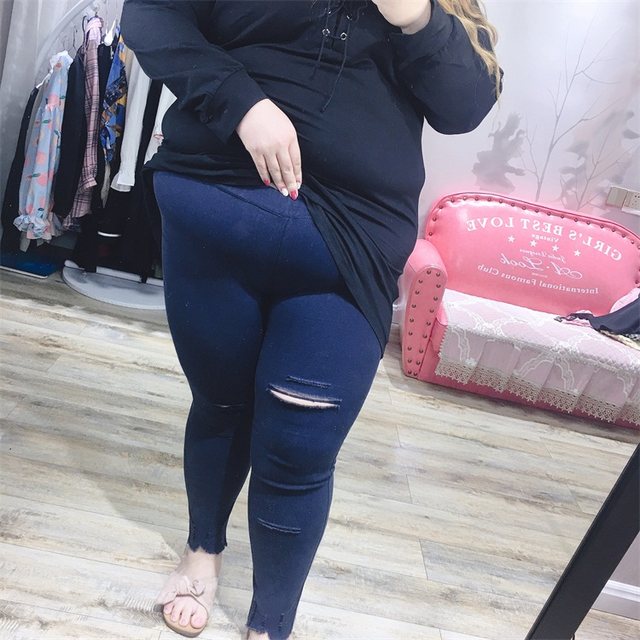 Chubby fat fairy Yingying plus size women's spring high elastic ripped hole mid-waist pencil pants leggings