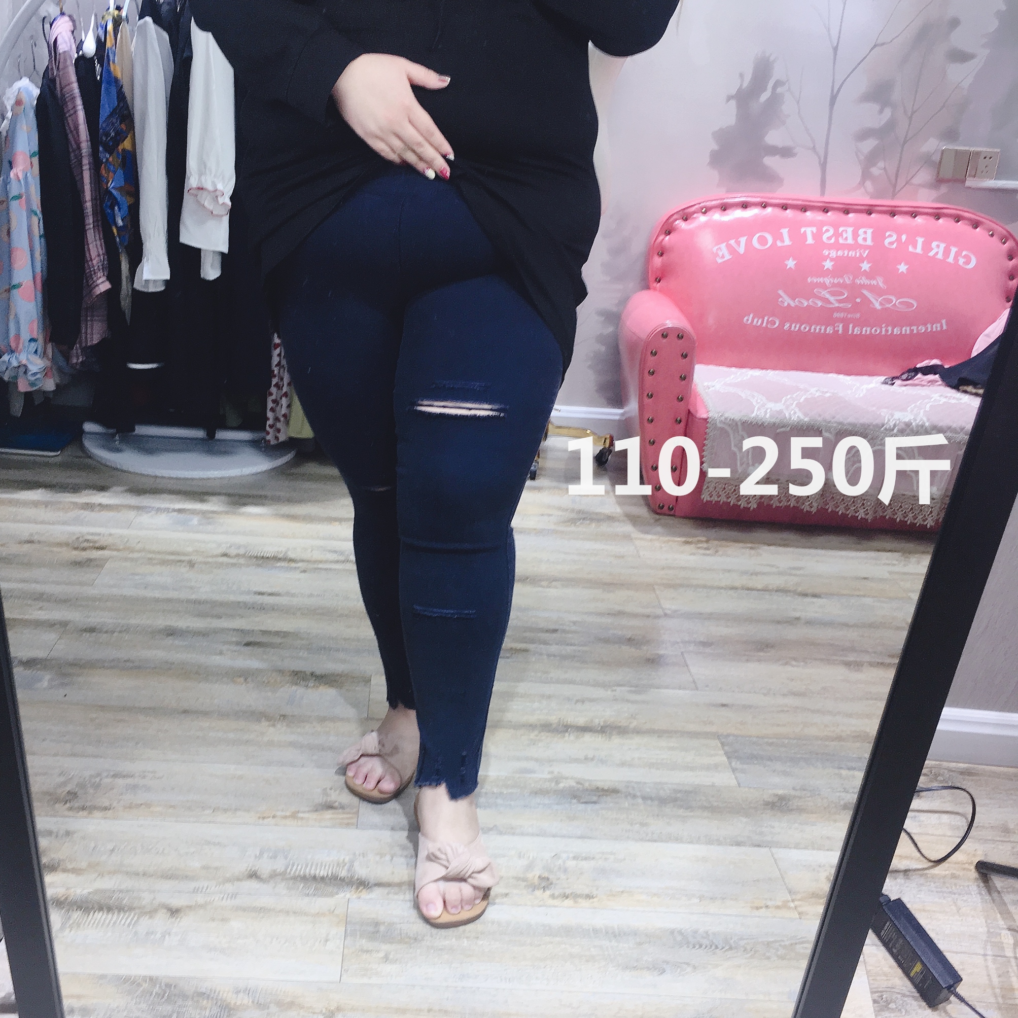 Fleshy fat fairy Yingying large size women's clothing spring fat girl high elastic hole middle waist pencil pants leggings